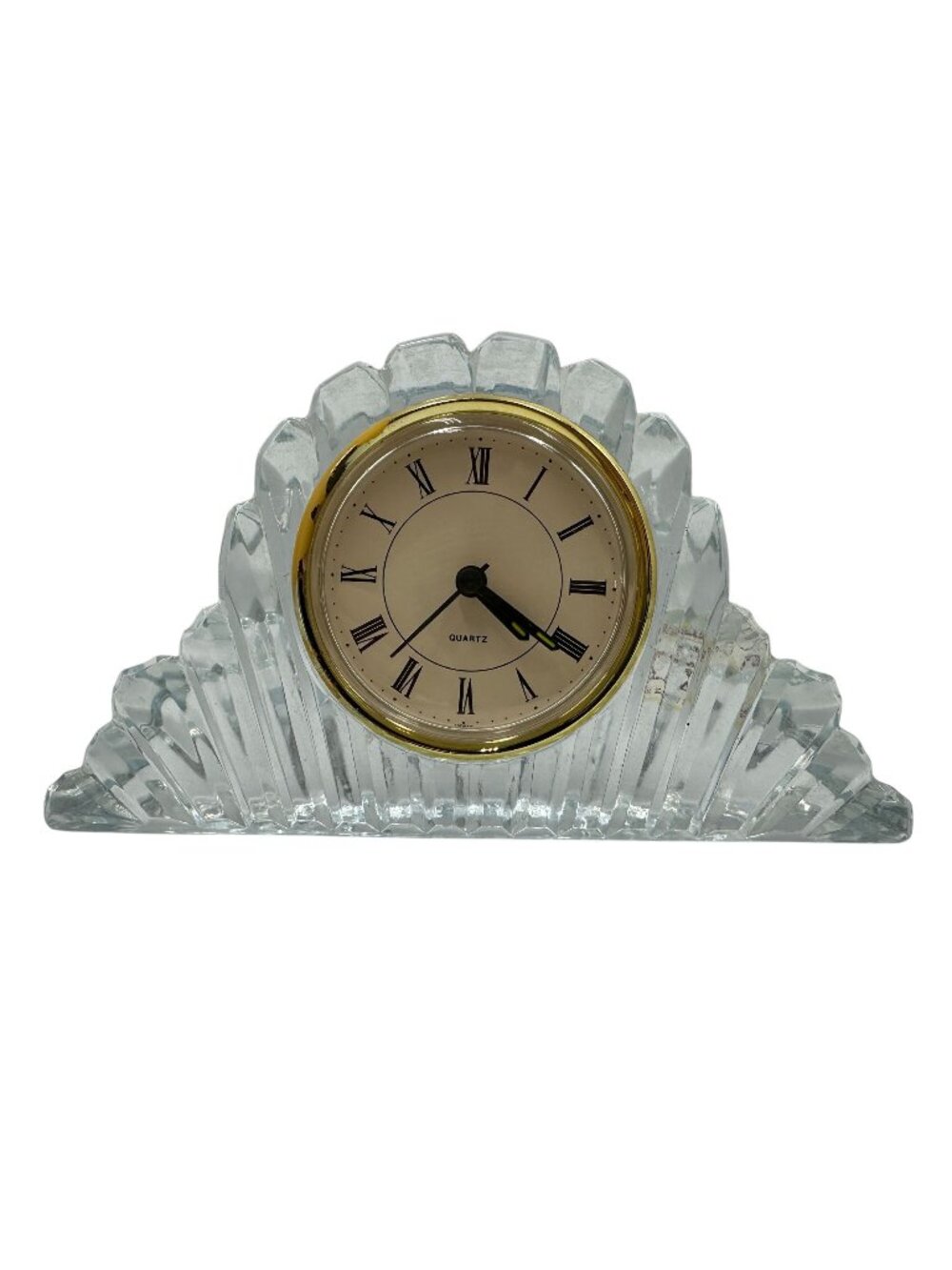 Crystal Clear 24% Lead Crystal Desk Clock With Fan Design Roman Numerals Vintage